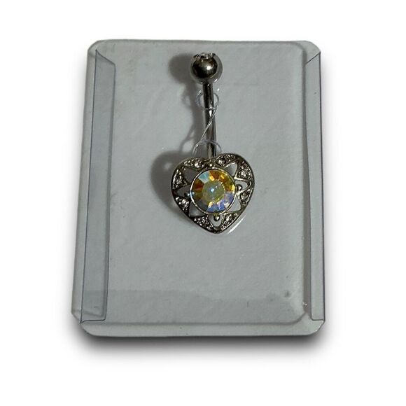 Pierced Nation Heart Shaped Aurora Borealis Cubic Zirconia CZ 14 Gauge Belly But - Picture 6 of 9